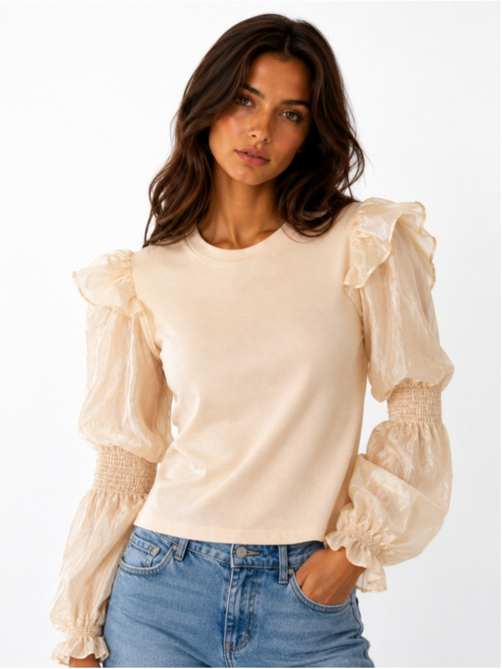 Anthropologie Puff Sleeve Cream Blouse Coquette Romantic Old Money Parisian Boho